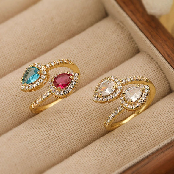 Wholesale Women's Copper Ring Inlaid With Zirconia Snakeshaped Geometric Double Water Drop Design