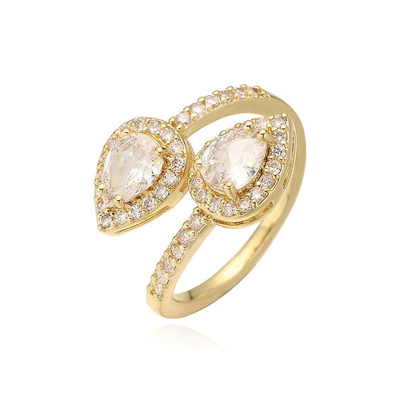 Wholesale Women's Copper Ring Inlaid With Zirconia Snakeshaped Geometric Double Water Drop Design