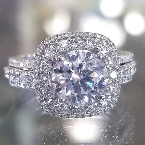 Wholesale Women's Copper Ring With Full Diamond Zircon And Geometric Design Platinum Plated Three Sets