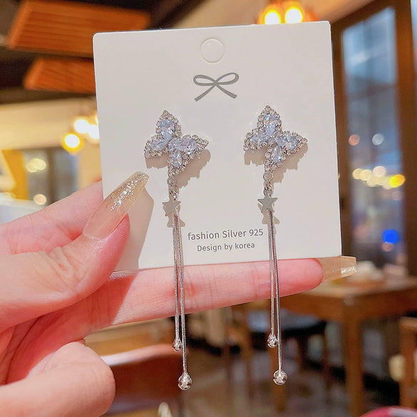 Wholesale Women's Copper 925 Silver Zircon Inlaid Butterfly Animals Zodiac Tassel Earrings