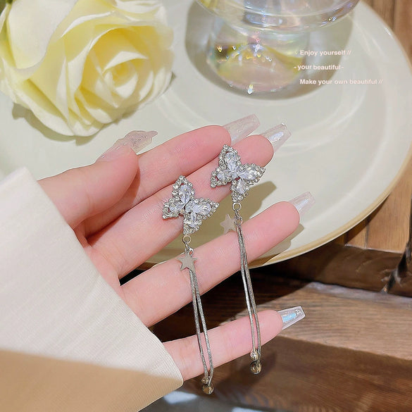 Wholesale Women's Copper 925 Silver Zircon Inlaid Butterfly Animals Zodiac Tassel Earrings