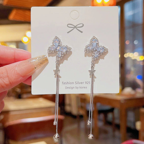 Wholesale Women's Copper 925 Silver Zircon Inlaid Butterfly Animals Zodiac Tassel Earrings