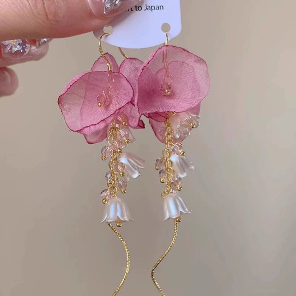 Wholesale Women's Copper Sweet Flower Tassel Earrings Set With Crystal