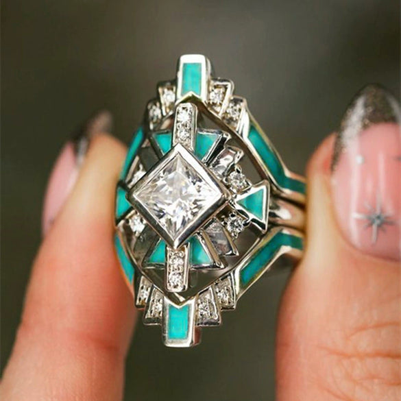 Wholesale Women's Copper Threepiece Ring Set Futuristic Techinspired With Rhombus Geometric Design Set With Zirconia