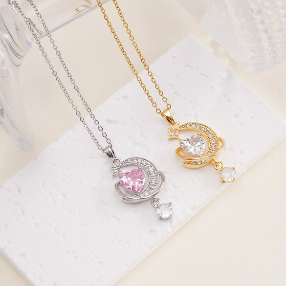Wholesale Women's Copper Titanium Steel Heart Shape Pendant Necklace With Mixed Gemstone Inlay Electroplating Light Luxury Style O Chain