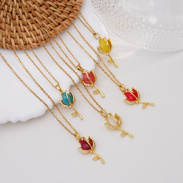 Wholesale Women's Copper Titanium Steel Necklace With Mixed Gemstone Inlay Tulip Pendant And Electroplating Treatment Light Luxury Style