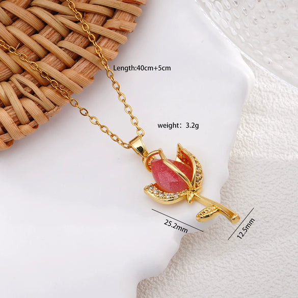 Wholesale Women's Copper Titanium Steel Necklace With Mixed Gemstone Inlay Tulip Pendant And Electroplating Treatment Light Luxury Style