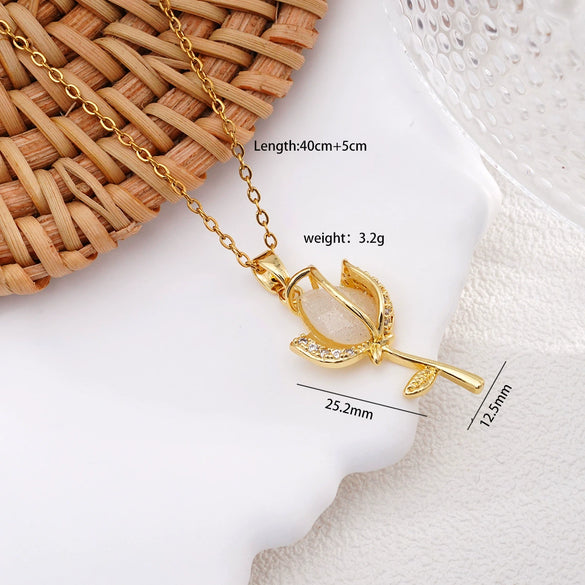 Wholesale Women's Copper Titanium Steel Necklace With Mixed Gemstone Inlay Tulip Pendant And Electroplating Treatment Light Luxury Style