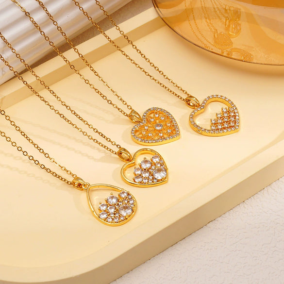 Wholesale Women's Copper Water Drop Zircon Necklace With Heart Shape And Electroplating Process
