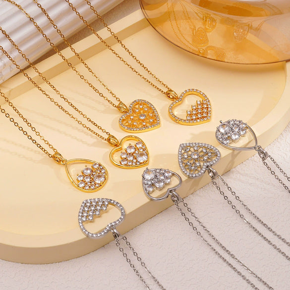 Wholesale Women's Copper Water Drop Zircon Necklace With Heart Shape And Electroplating Process