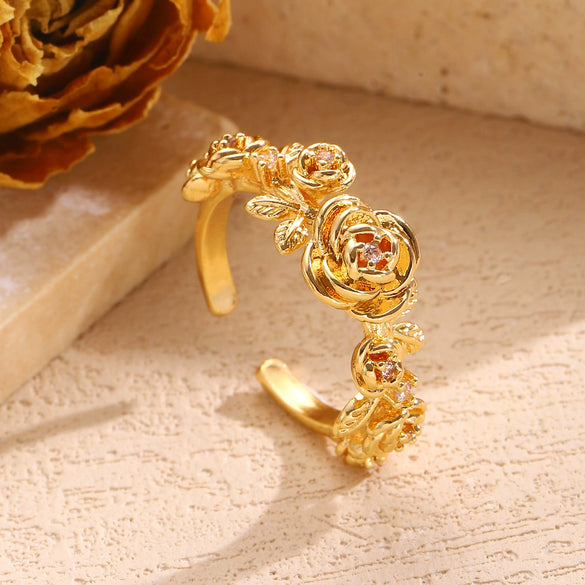 Wholesale Women's Copper Zircon Electroplated Flower Shape Index Finger Ring With Gentle And Forest Style