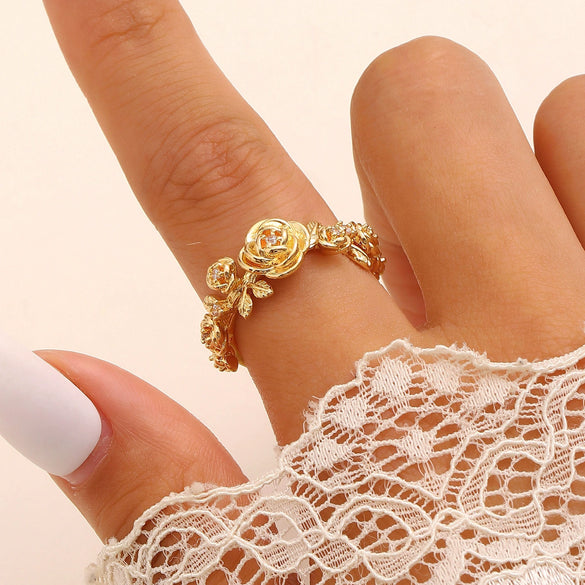 Wholesale Women's Copper Zircon Electroplated Flower Shape Index Finger Ring With Gentle And Forest Style