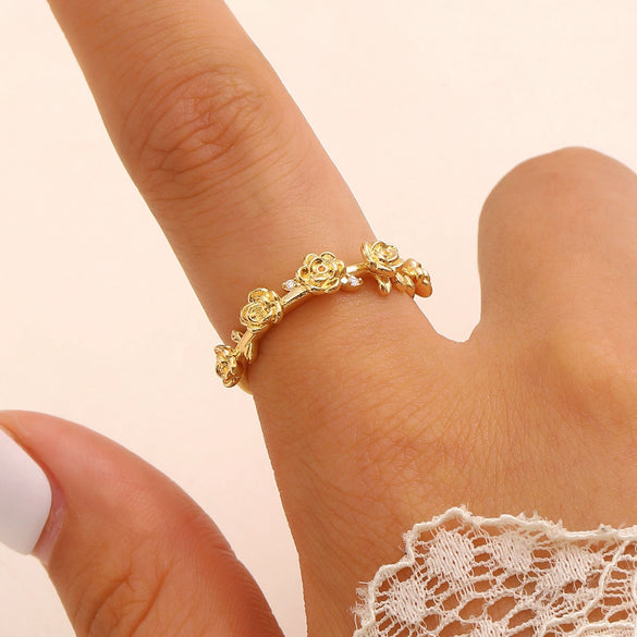 Wholesale Women's Copper Zircon Electroplated Flower Shape Index Finger Ring With Gentle And Forest Style