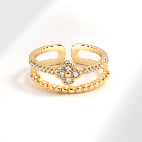 Wholesale Women's Copper Zircon Fourleaf Clover Geometric Ring With Electroplating