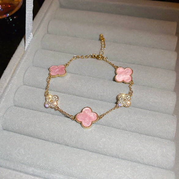 Wholesale Women's Copper Zircon Inlaid Fourpetal Flower Geometric Sweet Style Bracelet Real Gold Electroplated