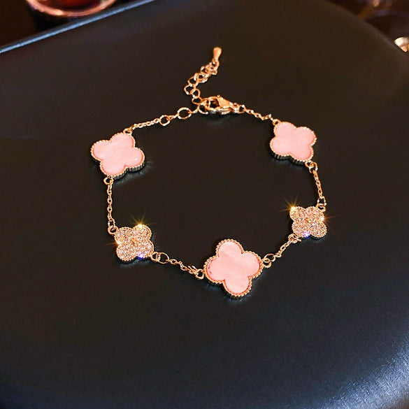 Wholesale Women's Copper Zircon Inlaid Fourpetal Flower Geometric Sweet Style Bracelet Real Gold Electroplated