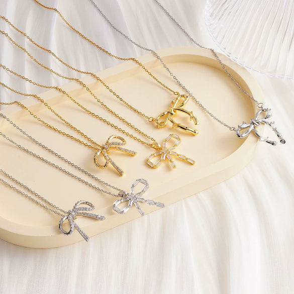 Wholesale Women's Copper Zircon O Chain Necklace With Mixed Gemstone Inlay Bow Tie Pendant Electroplated Vintage Light Luxury Style