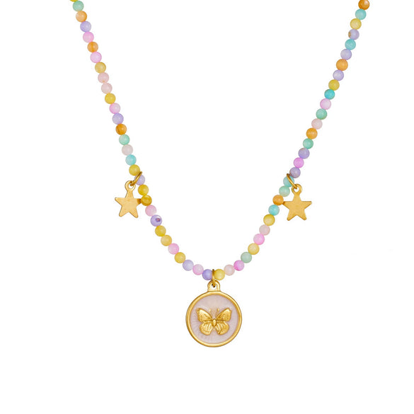 Wholesale Women's Creamy Sweet Girl Style Insect Pattern Stainless Steel Electroplated Beaded Chain Necklace With Round Oil Drop Butterfly Pendant