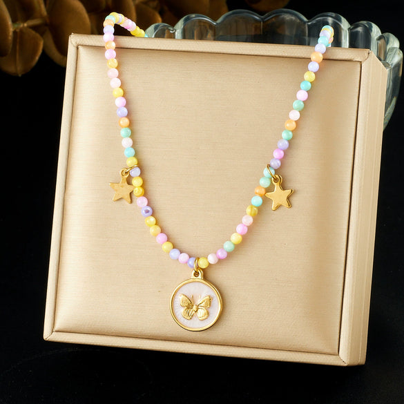 Wholesale Women's Creamy Sweet Girl Style Insect Pattern Stainless Steel Electroplated Beaded Chain Necklace With Round Oil Drop Butterfly Pendant