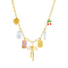 Wholesale Women's Creamy Sweet Style Bow Tie Pattern Square Goldplated Stainless Steel Pendant Necklace With O Word Chain