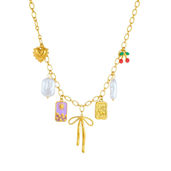 Wholesale Women's Creamy Sweet Style Bow Tie Pattern Square Goldplated Stainless Steel Pendant Necklace With O Word Chain