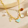 Wholesale Women's Creamy Sweet Style Heart Shape Cartoon Multielement Oil Dripping Love Eyes Letter Round Pendant Stainless Steel Electroplated Necklace With Flat Cross Chain