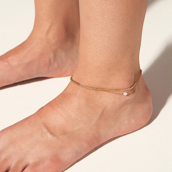 Wholesale Women's Creative Double Layer Chain Anklet With Inlaid Shell Pearl In Geometric Design Made Of Stainless Steel