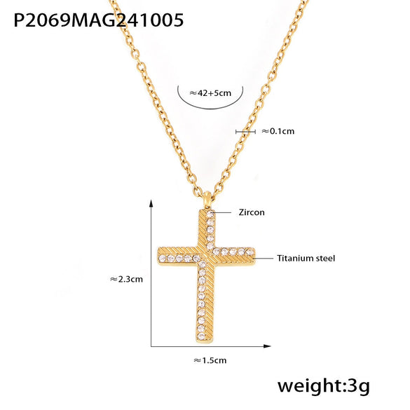 Wholesale Women's Creative Twill Cross Zircon Pendant Necklace With Stacked Titanium Steel Clavicle Chain Electroplated