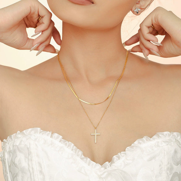 Wholesale Women's Creative Twill Cross Zircon Pendant Necklace With Stacked Titanium Steel Clavicle Chain Electroplated