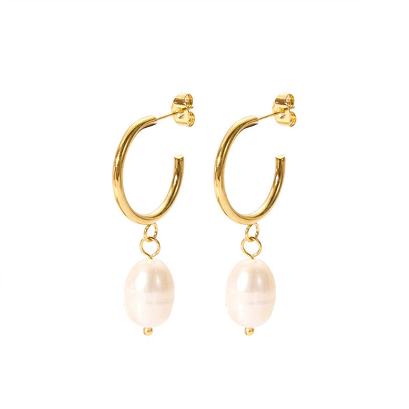 Wholesale Women's Cshaped Freshwater Pearl Earrings In 18K Gold Plated Stainless Steel With Geometric Design And Pvdp Furnace Real Gold Treatment