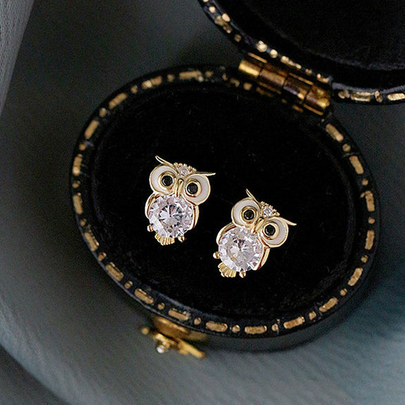 Wholesale Women's Cute Animal Owl Copper Zirconia Earrings