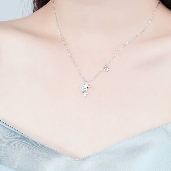 Wholesale Women's Cute Animal Zodiac Micro Inlaid 925 Sterling Silver Cross Chain Dolphin Love Necklace