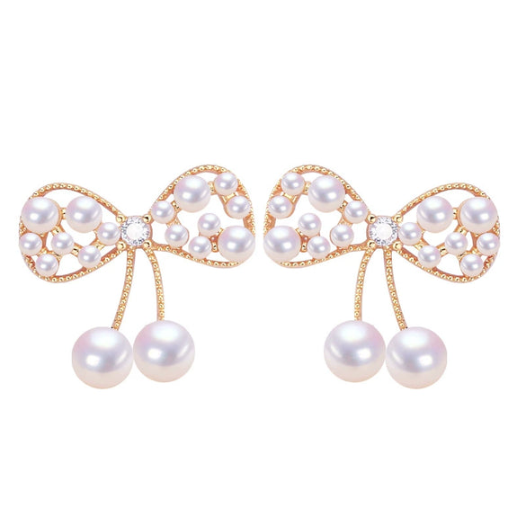 Wholesale Women's Cute Bow Natural Freshwater Pearl Earrings In 18K Gold Color Oblate Shape