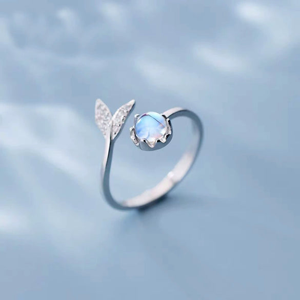 Wholesale Women's Cute Fishtail Open Ring In Moonlight Stone With Cartoon Style And Electroplating Process