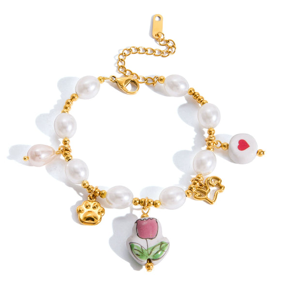 Wholesale Women's Cute Geometric And Floral Patterned Stainless Steel Electroplated Bracelet Jewelry