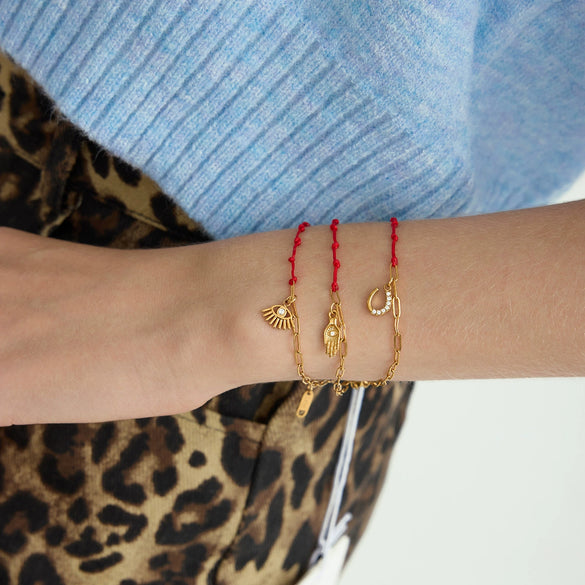 Wholesale Women's Cute Geometric Stainless Steel Electroplated Rhinestone Red Rope Bracelet Jewelry