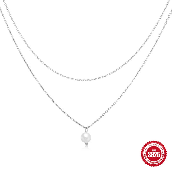 Wholesale Women's Daily Elegant Double Layer Stacked Basic Chain Pearl Necklace In 925 Sterling Silver With Geometric Styling And Electroplating Treatment