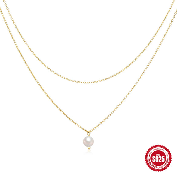 Wholesale Women's Daily Elegant Double Layer Stacked Basic Chain Pearl Necklace In 925 Sterling Silver With Geometric Styling And Electroplating Treatment