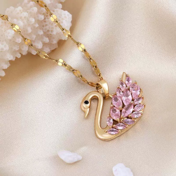 Wholesale Women's Deluxe Swan Titanium Steel Necklace With Inlaid Pink Zircon Light Luxury Style And Original Animal Design Set With Gems