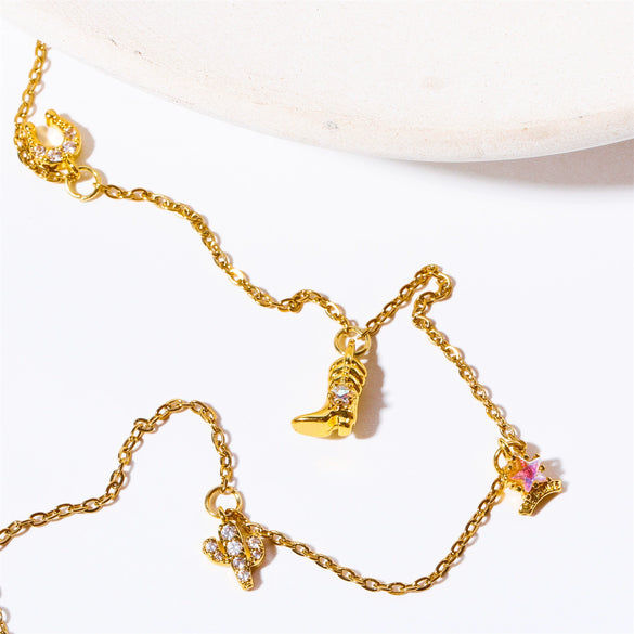 Wholesale Women's Denim Pendant Necklace Copper Mixed Gem Inlay Geometric Horseshoe Cowboy Hat Electroplating