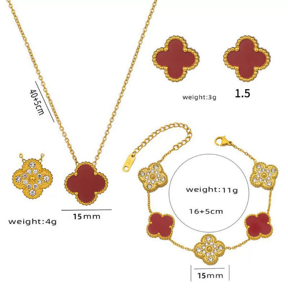 Wholesale Women's Diamond Geometric Versatile Fourleaf Flower Bracelet And Necklace Set In Titanium Steel With Vacuum Plating