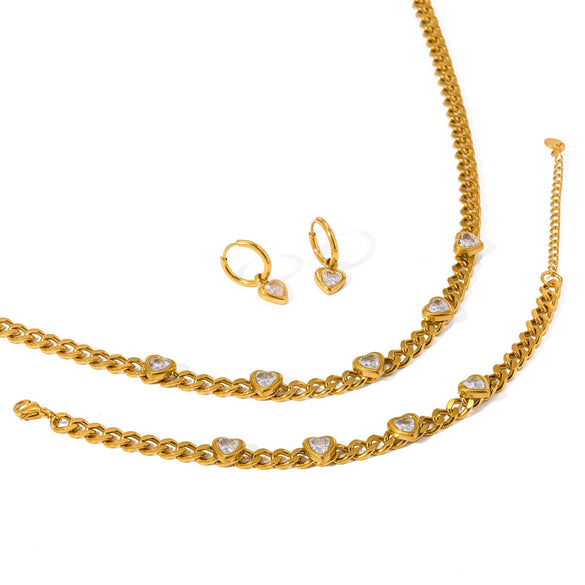 Wholesale Women's Diamondencrusted Love Jewelry Set Stainless Steel Cuban Chain Electroplated Bracelet Necklace Earrings Accessories