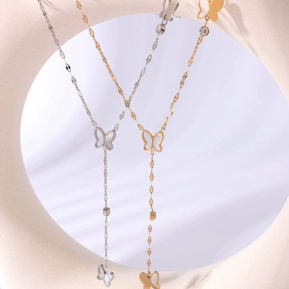 Wholesale Women's Distinctive Butterfly Inlaid Titanium Steel Clavicle Chain With Long Tail O Chain 18K Gold No Fading Electroplated In Furnace
