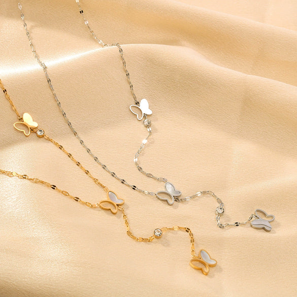 Wholesale Women's Distinctive Butterfly Inlaid Titanium Steel Clavicle Chain With Long Tail O Chain 18K Gold No Fading Electroplated In Furnace