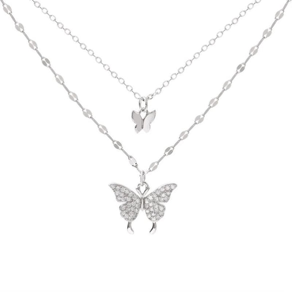 Wholesale Women's Double Layer Butterfly Sterling Silver Collarbone Necklace With Simple Elegant Niche Design And Fairy Style Cross Chain Diamond Designed Animal Patterned