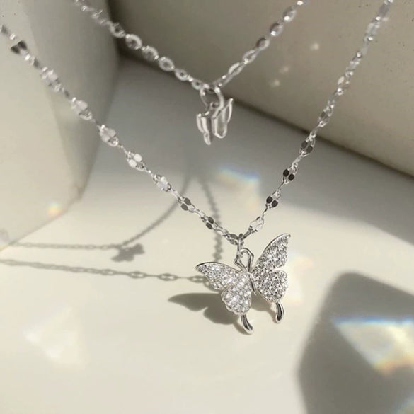 Wholesale Women's Double Layer Butterfly Sterling Silver Collarbone Necklace With Simple Elegant Niche Design And Fairy Style Cross Chain Diamond Designed Animal Patterned