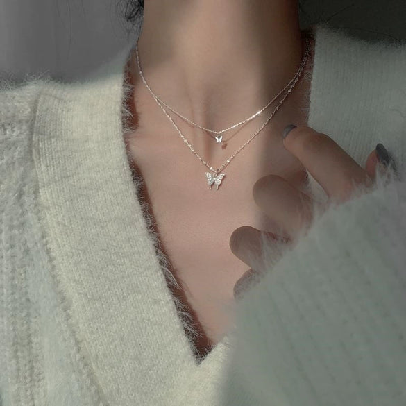 Wholesale Women's Double Layer Butterfly Sterling Silver Collarbone Necklace With Simple Elegant Niche Design And Fairy Style Cross Chain Diamond Designed Animal Patterned