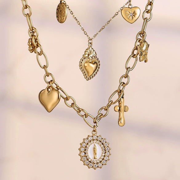 Wholesale Women's Double Layer Geometric Stainless Steel 18K Gold Plated Pendant Necklace With 5A Zircon