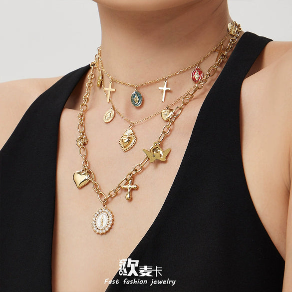Wholesale Women's Double Layer Geometric Stainless Steel 18K Gold Plated Pendant Necklace With 5A Zircon