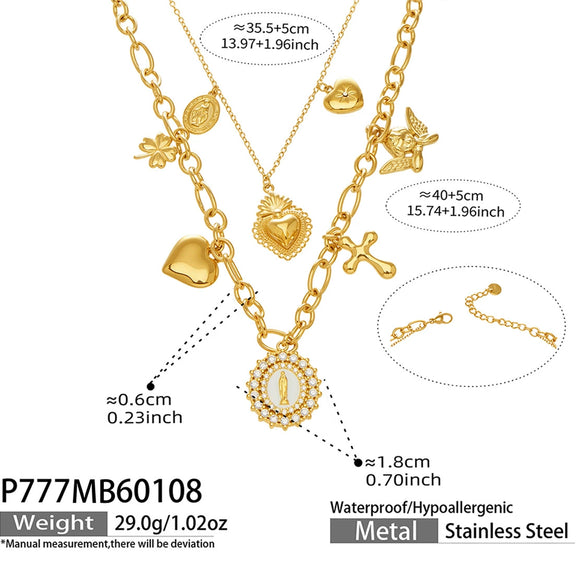 Wholesale Women's Double Layer Geometric Stainless Steel 18K Gold Plated Pendant Necklace With 5A Zircon